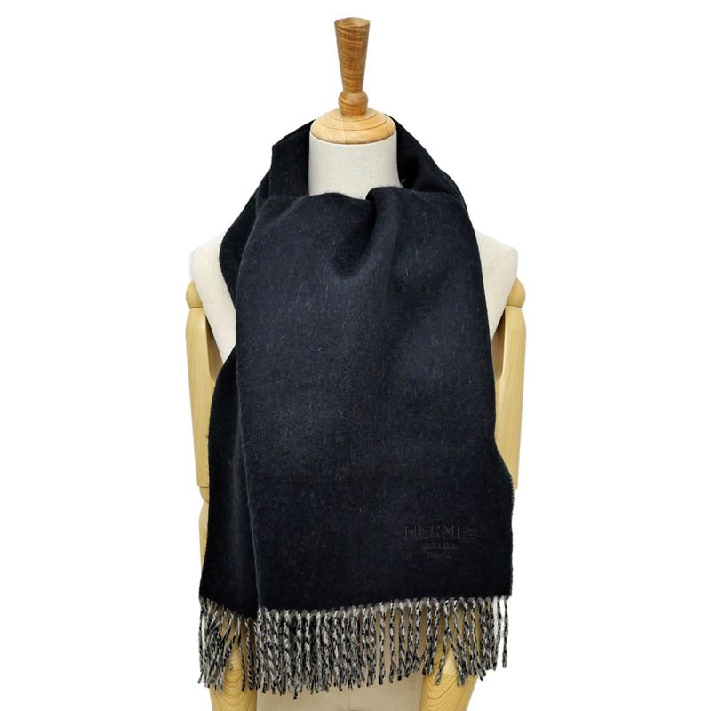 Hermes Muffler Shawl Double Face Black Beige Cine Cashmere 100% Scarf — view 9