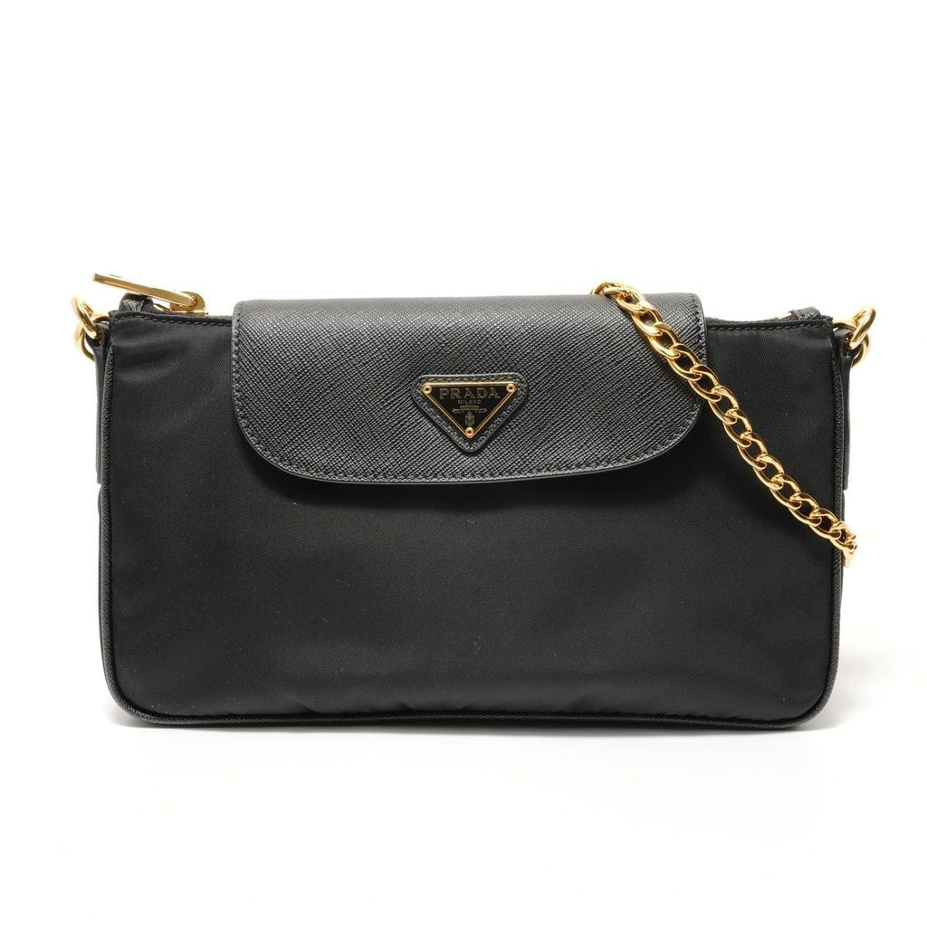 Prada Shoulder Bag Triangle Logo Nylon Saffiano Leather