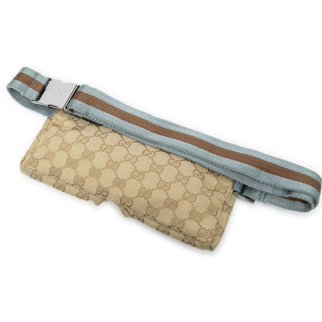 Gucci Web Mini Waist Pouch Beige Light Blue GG Canvas — view 2
