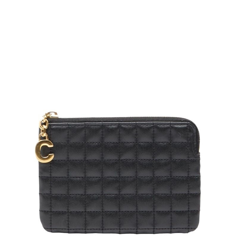 Celine CC Charm Quilted Coin Case Card Black Leather
