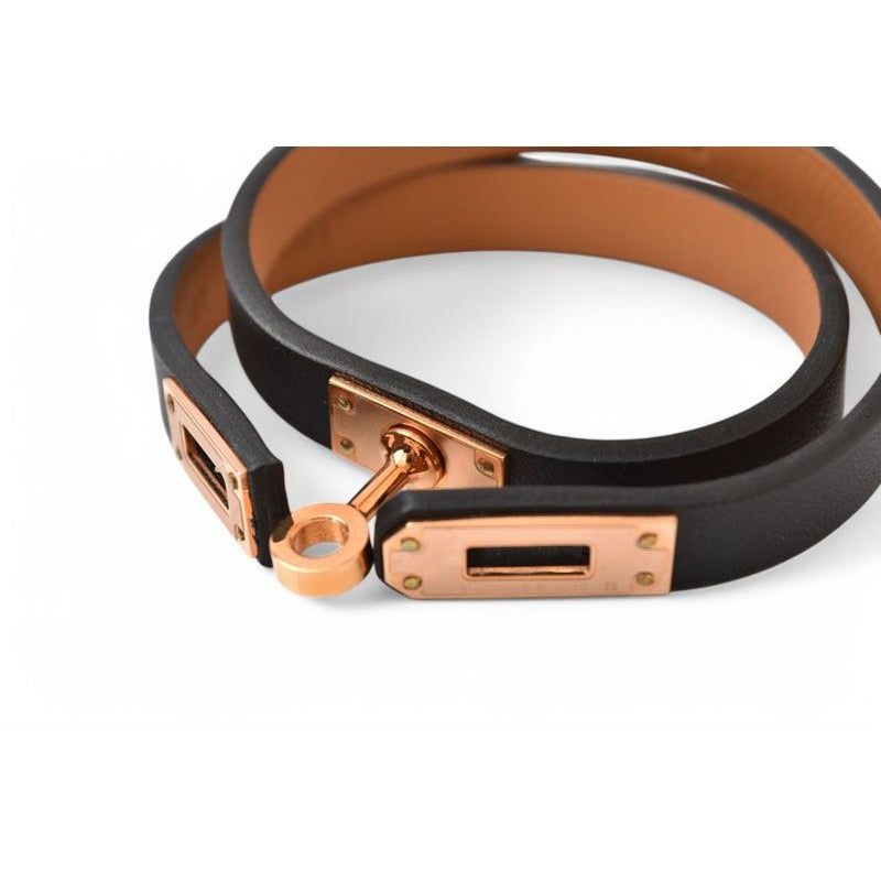 Hermes Bangle Bracelet Kelly Leather Dubretour Black Pink Gold T2 — view 5