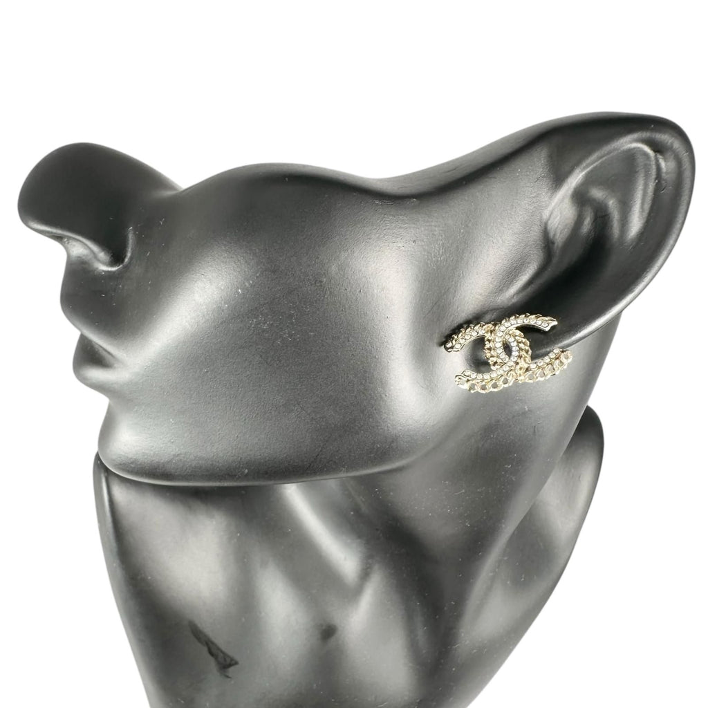 Chanel For CC Logo Single Rhinestone Gold Silver Earrings — view 2