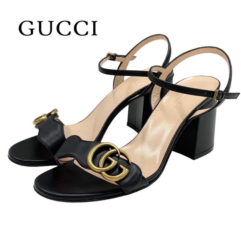 Gucci Double G Sandals Shoes Leather Black Gold GG Marmont Ankle Strap