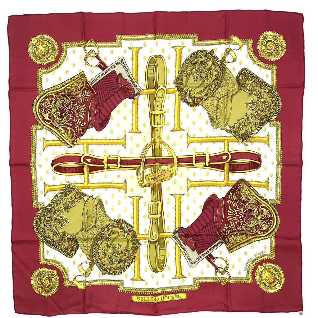 Hermes Carre 90 Selles a Housse Silk Off White Bordeaux Scarf