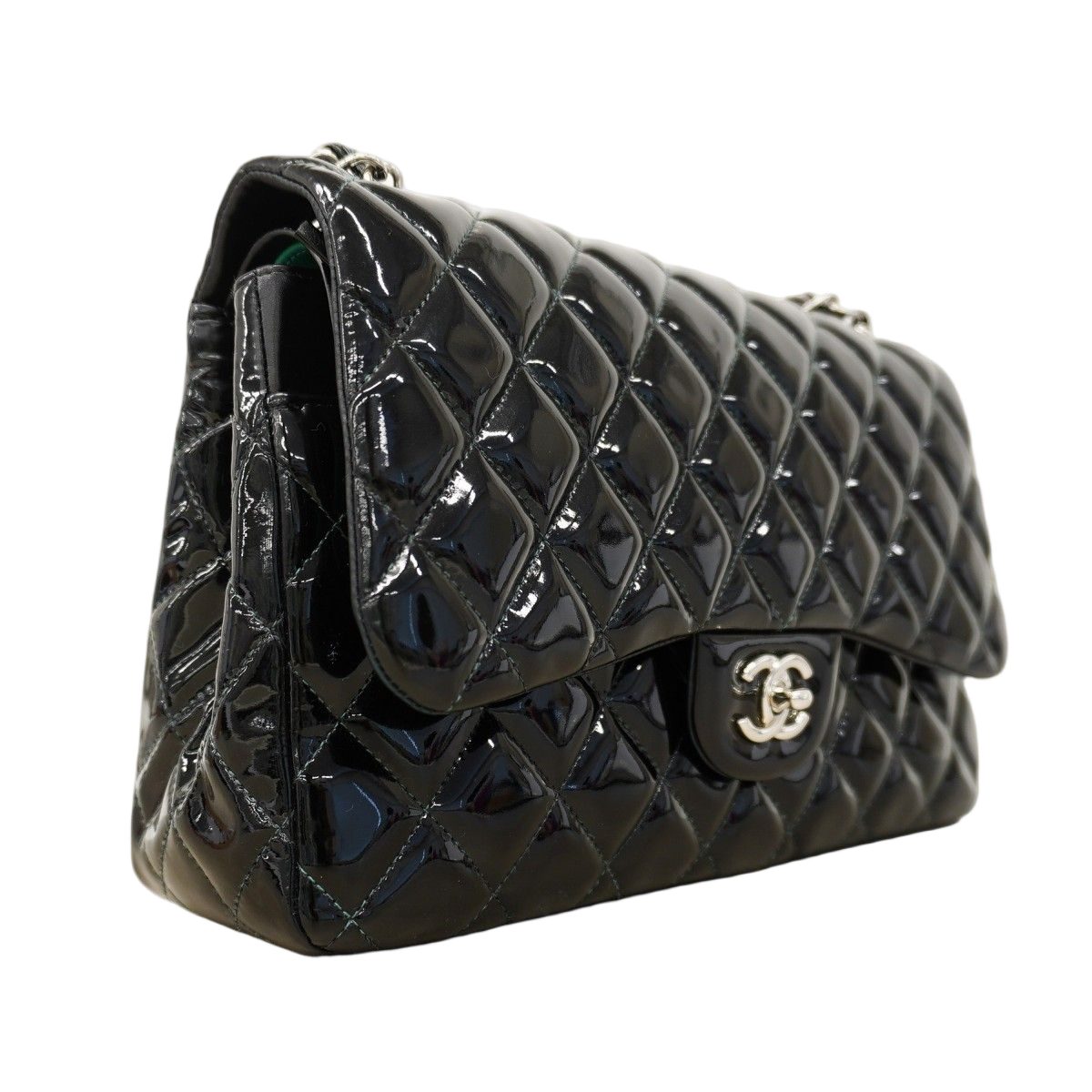 Chanel Shoulder Bag Deca Quilted Patent Leather Black Silver — view 2