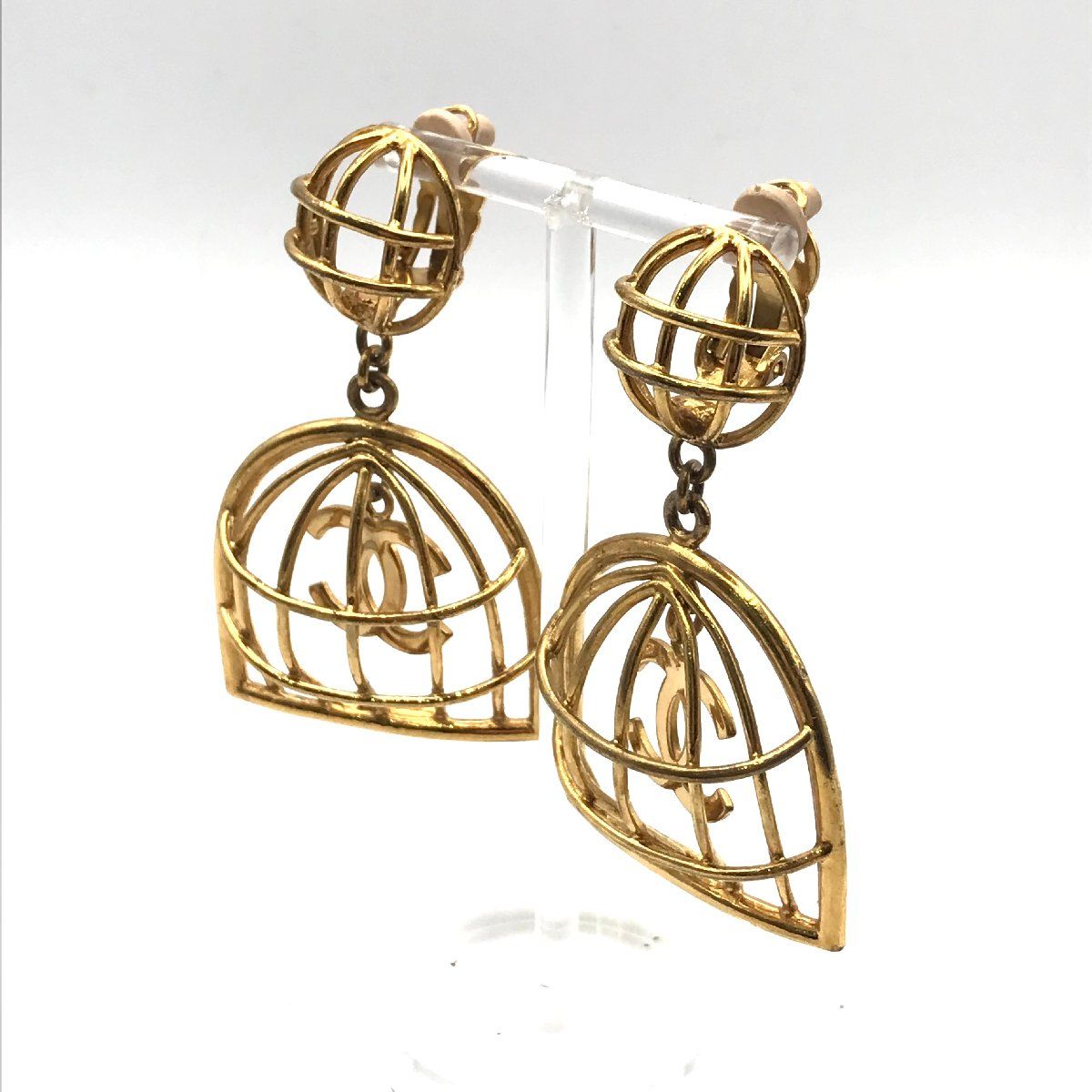 Chanel CC Logo Birdcage Vintage Swing Earrings 2 9 Gold — view 3