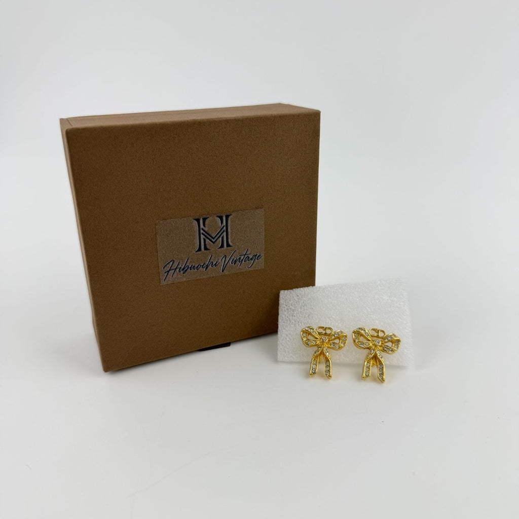 Dior Earrings Gold CD Logo Ribbon Vintage