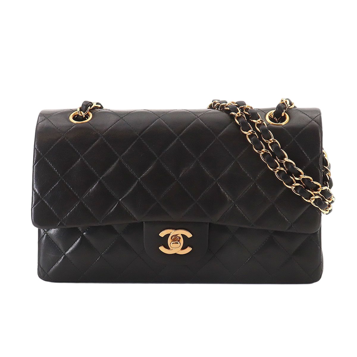 Chanel Quilted 25 Chain Shoulder Bag Lambskin Black Gold CC Logo