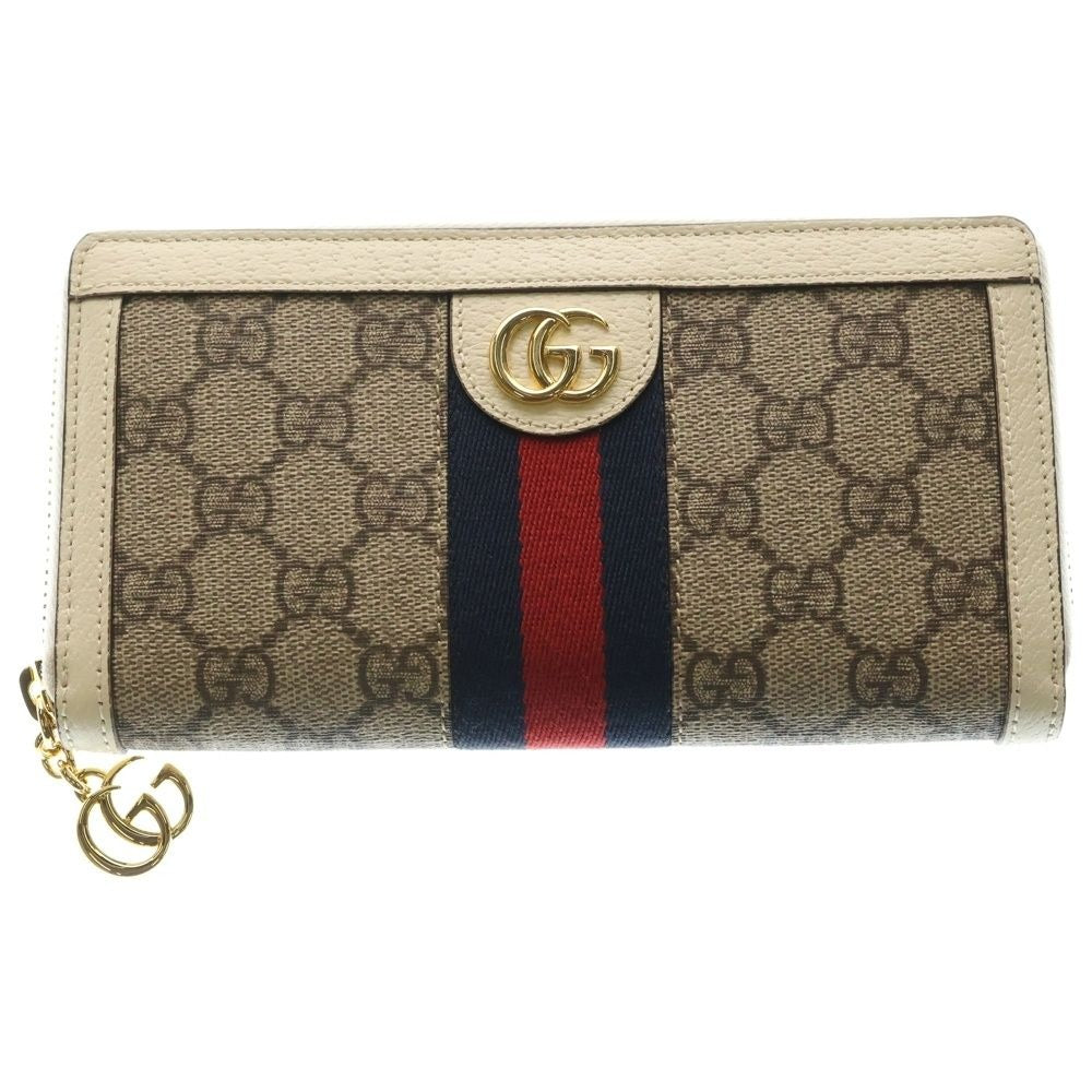 Gucci GG Supreme Wallet Card Case White Beige Leather Gold