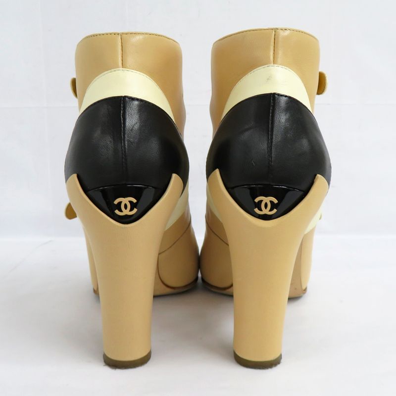 Chanel Short Boots Ankle Strap Coco Mark 35.5 Beige Black White — view 3