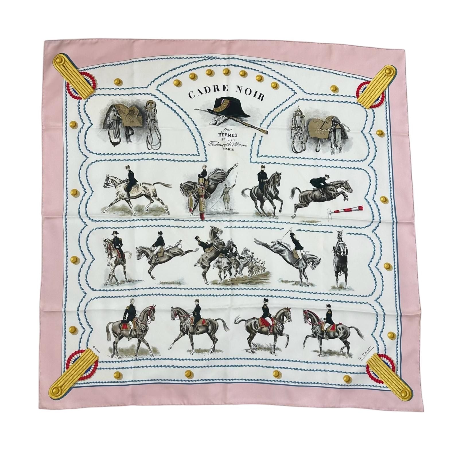 Hermes Carre 90 Noir Silk Pink White Scarf