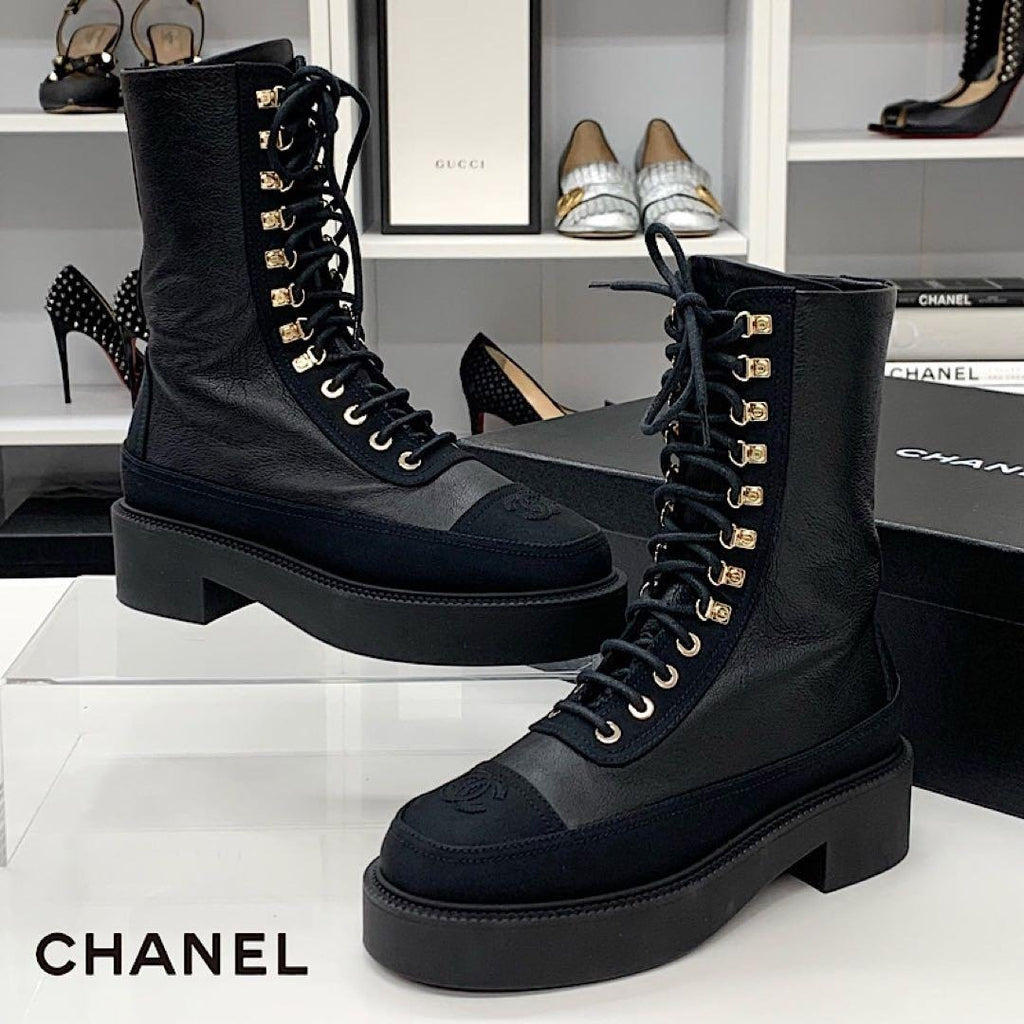 Chanel Calfskin Coco Mark Lace Up Short Boots Black