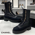 Chanel Calfskin Coco Mark Lace Up Short Boots Black