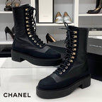 Chanel Calfskin Coco Mark Lace Up Short Boots Black