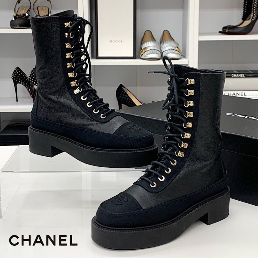 Chanel Calfskin Coco Mark Lace Up Short Boots Black