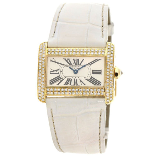 Cartier Mini Tank Divan Diamond Watch 18K Yellow Gold Leather