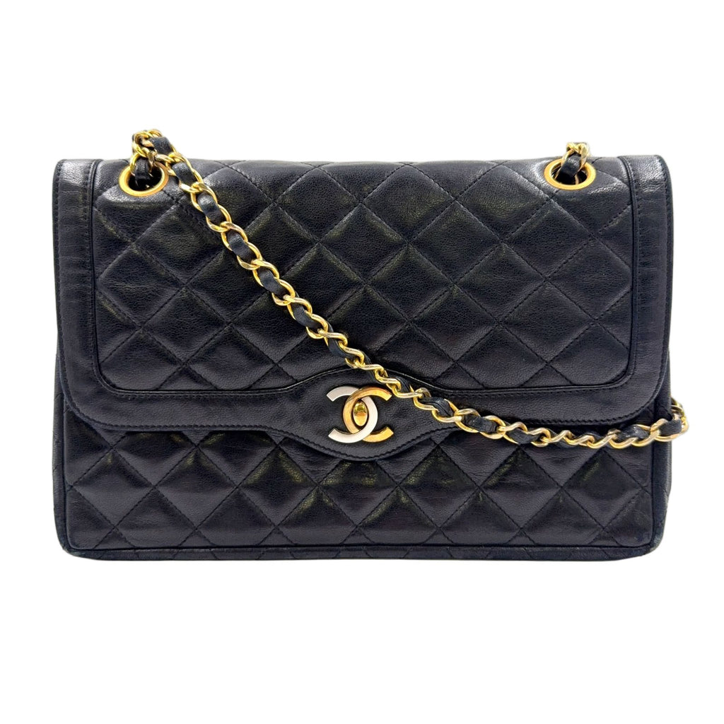 Chanel Limited Edition Quilted Double Flap Lambskin Black Shoulder Bag Gold