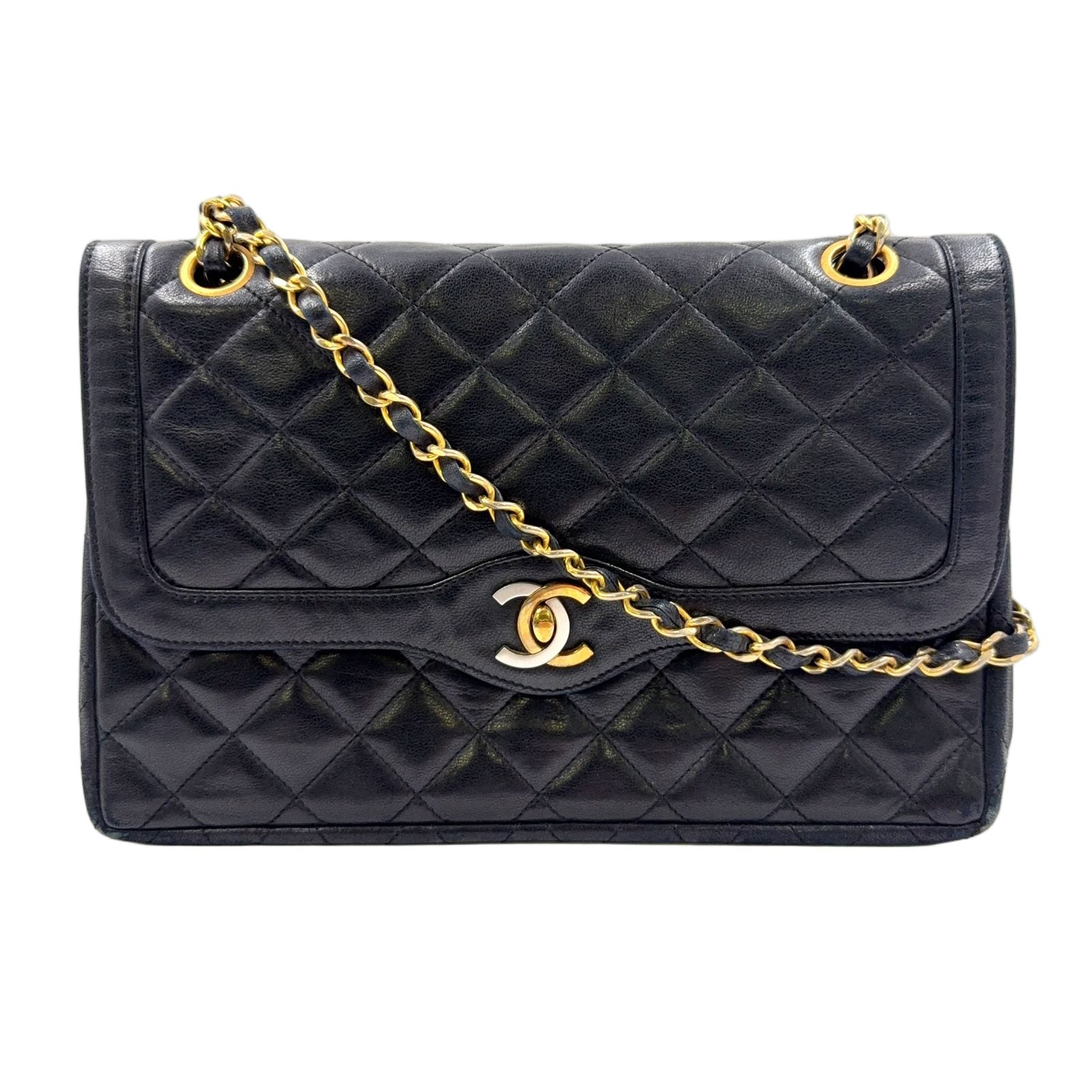 Chanel Limited Edition Quilted Double Flap Lambskin Black Shoulder Bag Gold