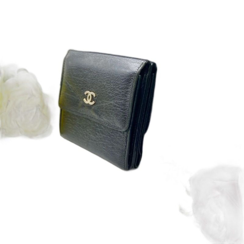 Chanel Wallet Bifold Hook Compact Leather Black CC Logo