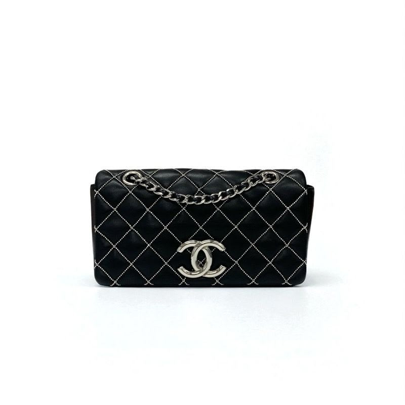 Chanel Bag Shoulder Leather Black Silver Mini Quilted Single
