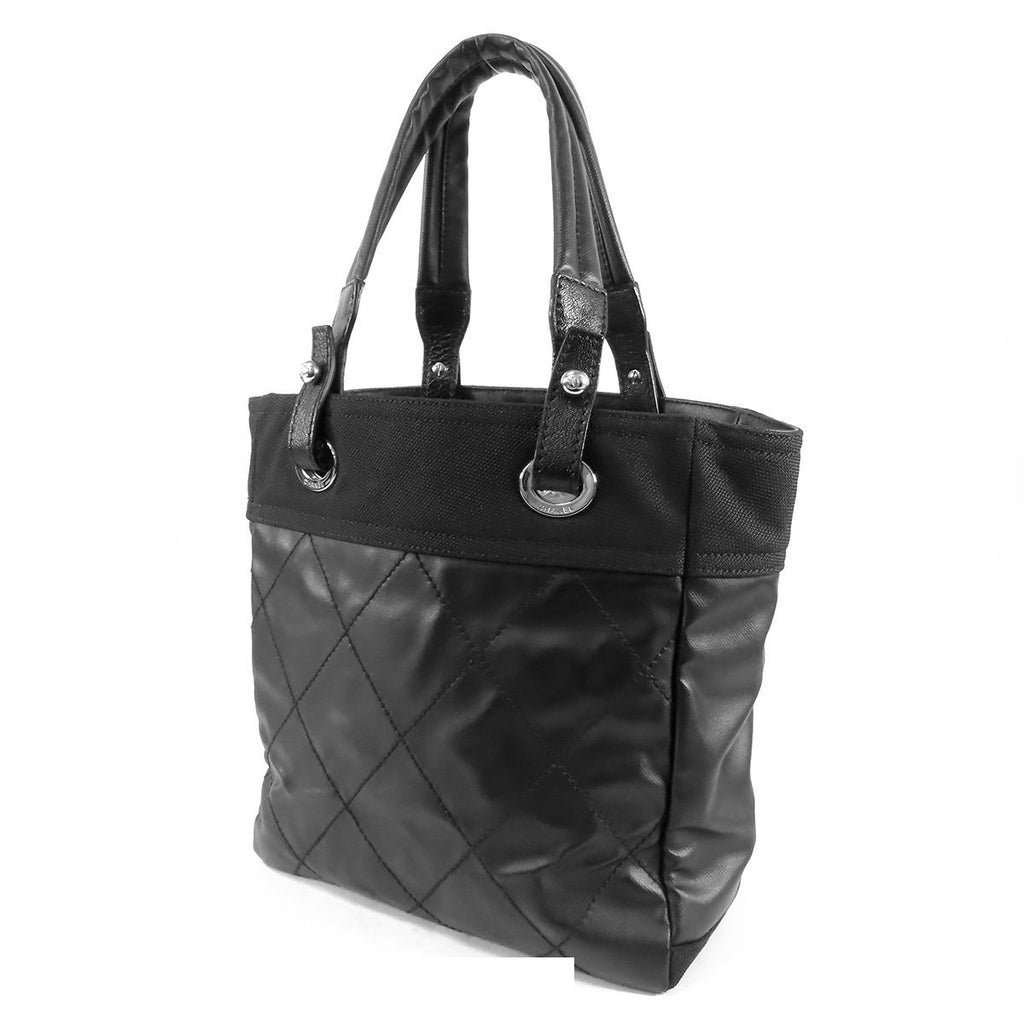 Chanel Paris Biarritz PM Black Silver Nylon Tote Bag — view 2