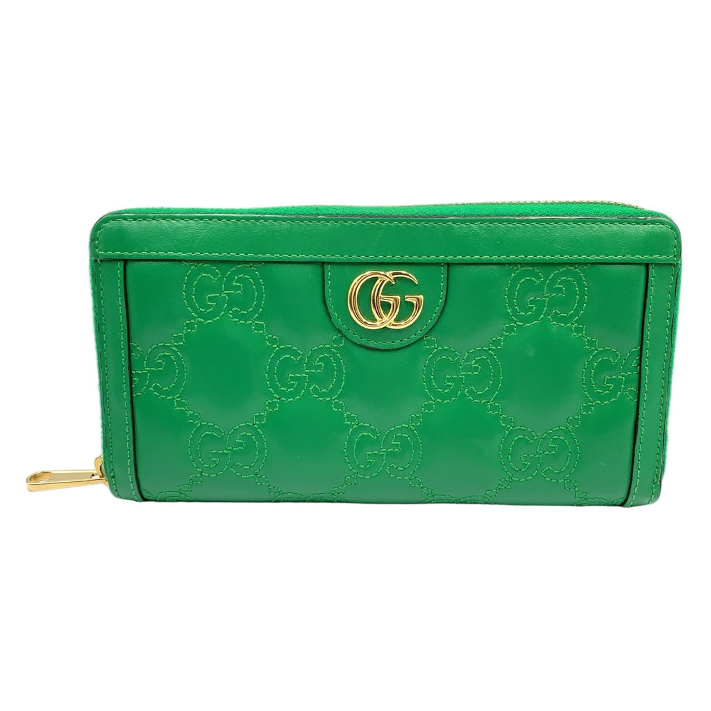 Gucci Double Logo Zip Around Leather Green Wallet Gold
