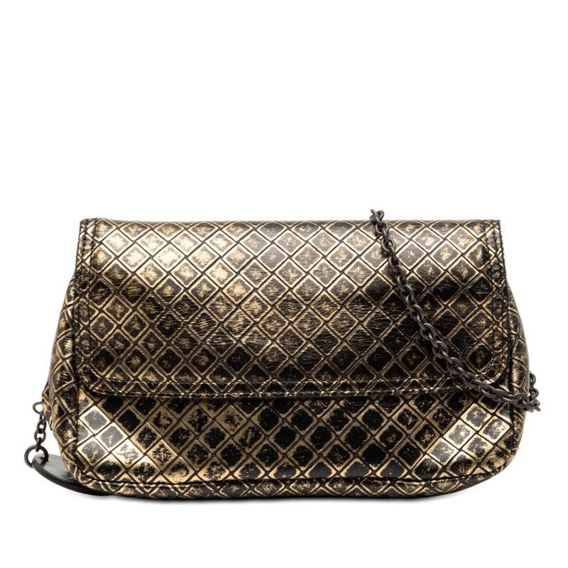 Bottega Veneta Intreccio Mirage Chain Shoulder Bag Black Gold Leather