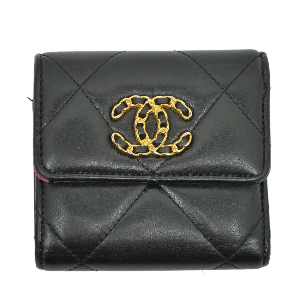 Chanel 19 Small Flap Wallet Black Lambskin Leather Trifold