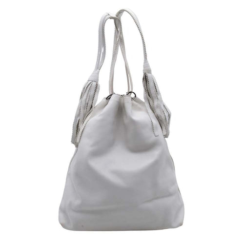 Bottega Veneta Drawstring Shoulder Bag Leather Fringe Purse White Vintage