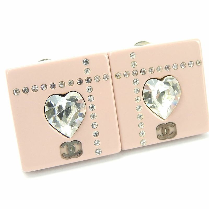 Chanel Earrings Square Coco Mark Heart Rhinestone Pink Silver Plated 04 — view 8
