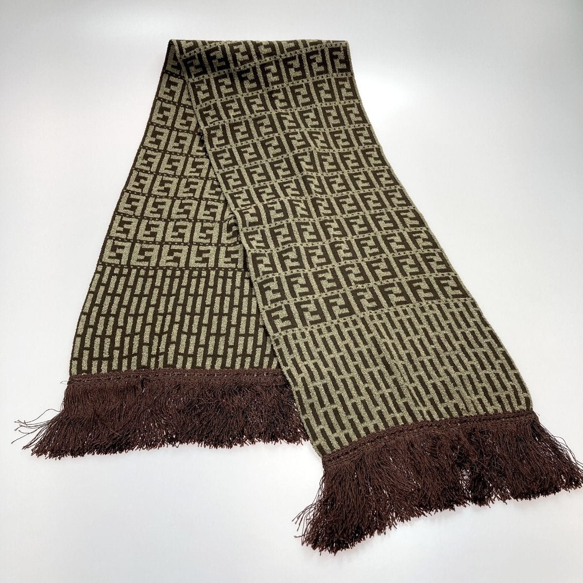 Fendi Zucca Pattern Fringe Muffler Brown Wool Stole Scarf — view 4