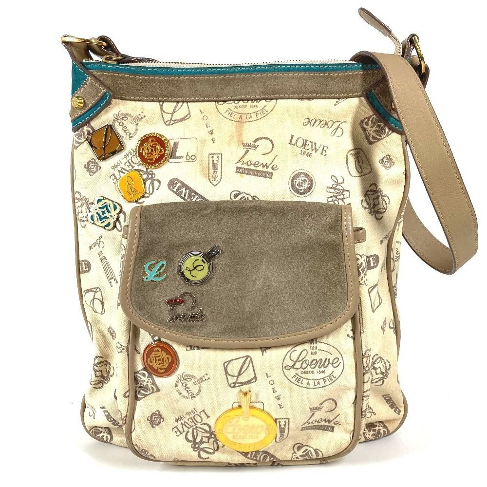 Loewe Shoulder Bag Anniversary Logo Leather Canvas Beige