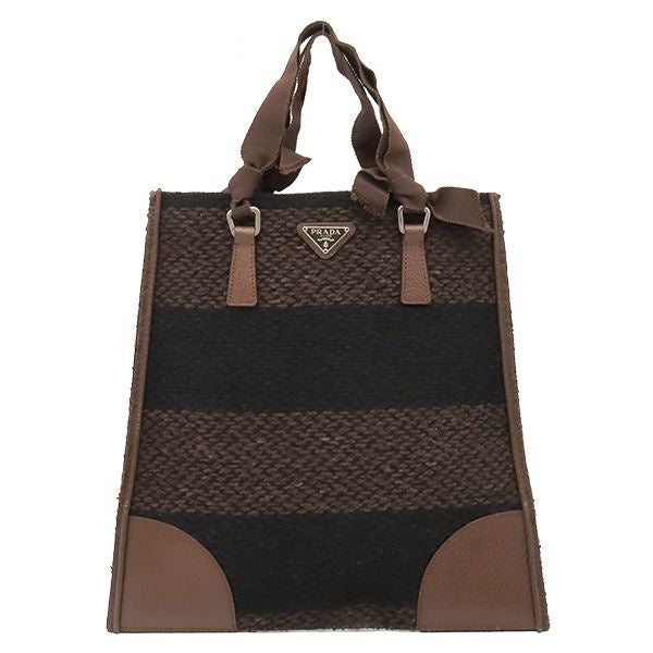 Prada Handbag Triangle Logo Tweed Marrone Silver Brown Black Border Mini Tote Bag