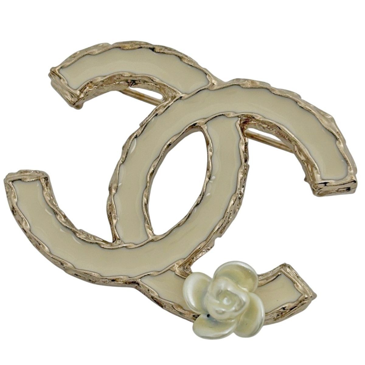 Chanel CC Logo Brooch Camellia Gold Plated White