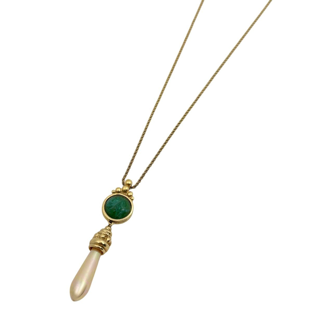 Dior Faux Pearl Necklace Color Stone Gold Plated Green