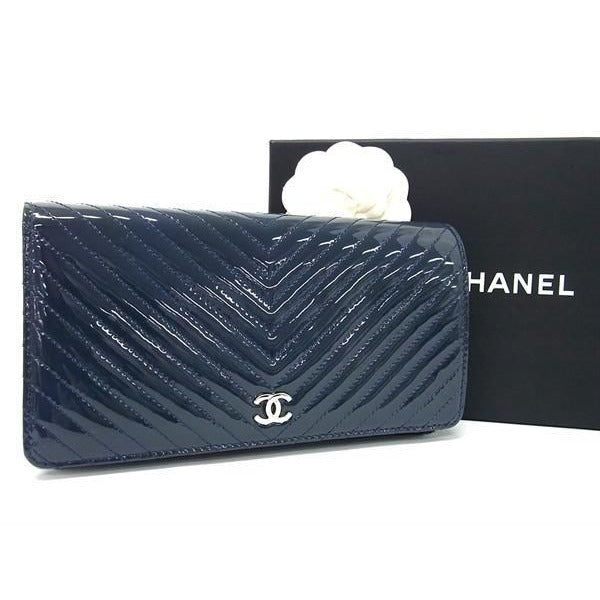 Chanel Coco Mark V-stitch Patent Leather Foldable Long Wallet Dark