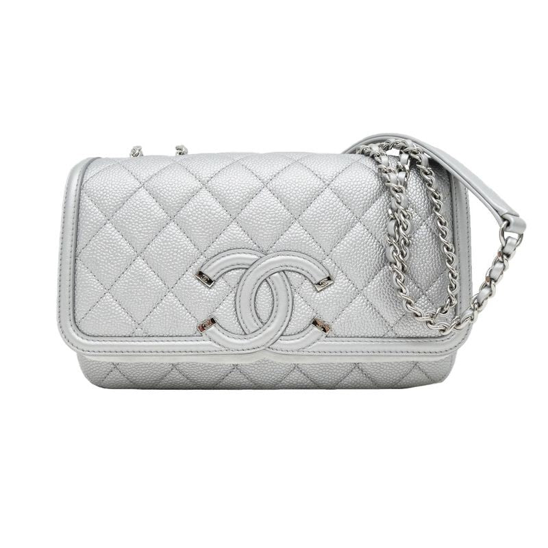 Chanel Small Chain Shoulder Bag Filigree Caviar Leather Silver Hardware