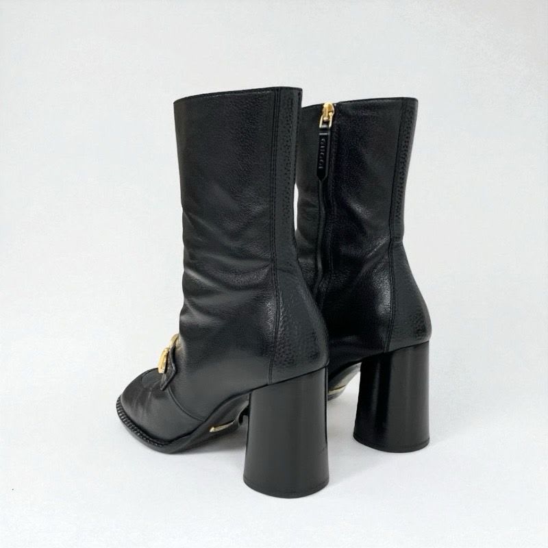 Gucci Boots Short Shoes Leather Black Gold Chain Belt — view 5