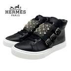Hermes Hanky Sneakers Shoes Leather Black Silver Studded High Cut
