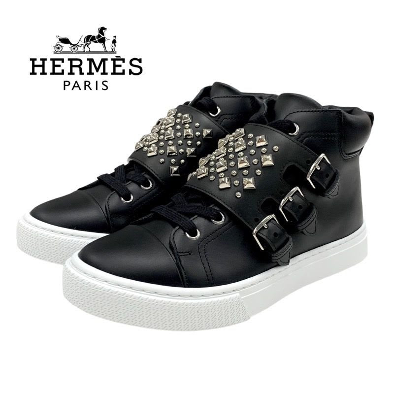 Hermes Hanky Sneakers Shoes Leather Black Silver Studded High Cut