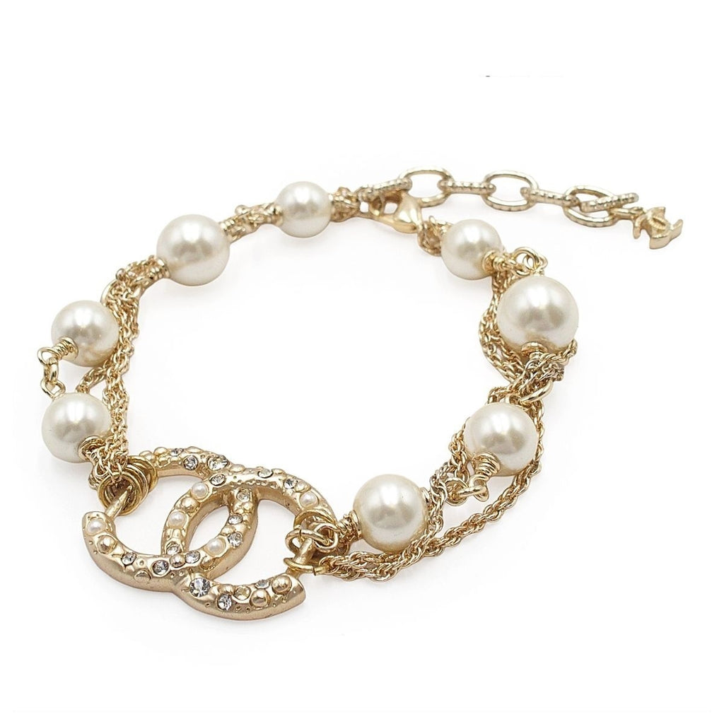 Chanel Bracelet Gold Metal Costume Pearl Color Stone CC Logo Triple Strand Chain