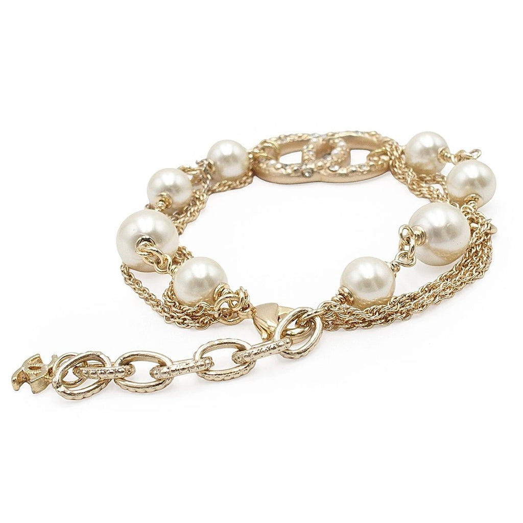 Chanel Bracelet Gold Metal Costume Pearl Color Stone CC Logo Triple Strand Chain — view 2
