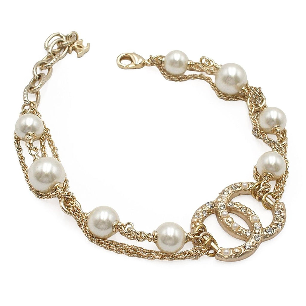Chanel Bracelet Gold Metal Costume Pearl Color Stone CC Logo Triple Strand Chain — view 3