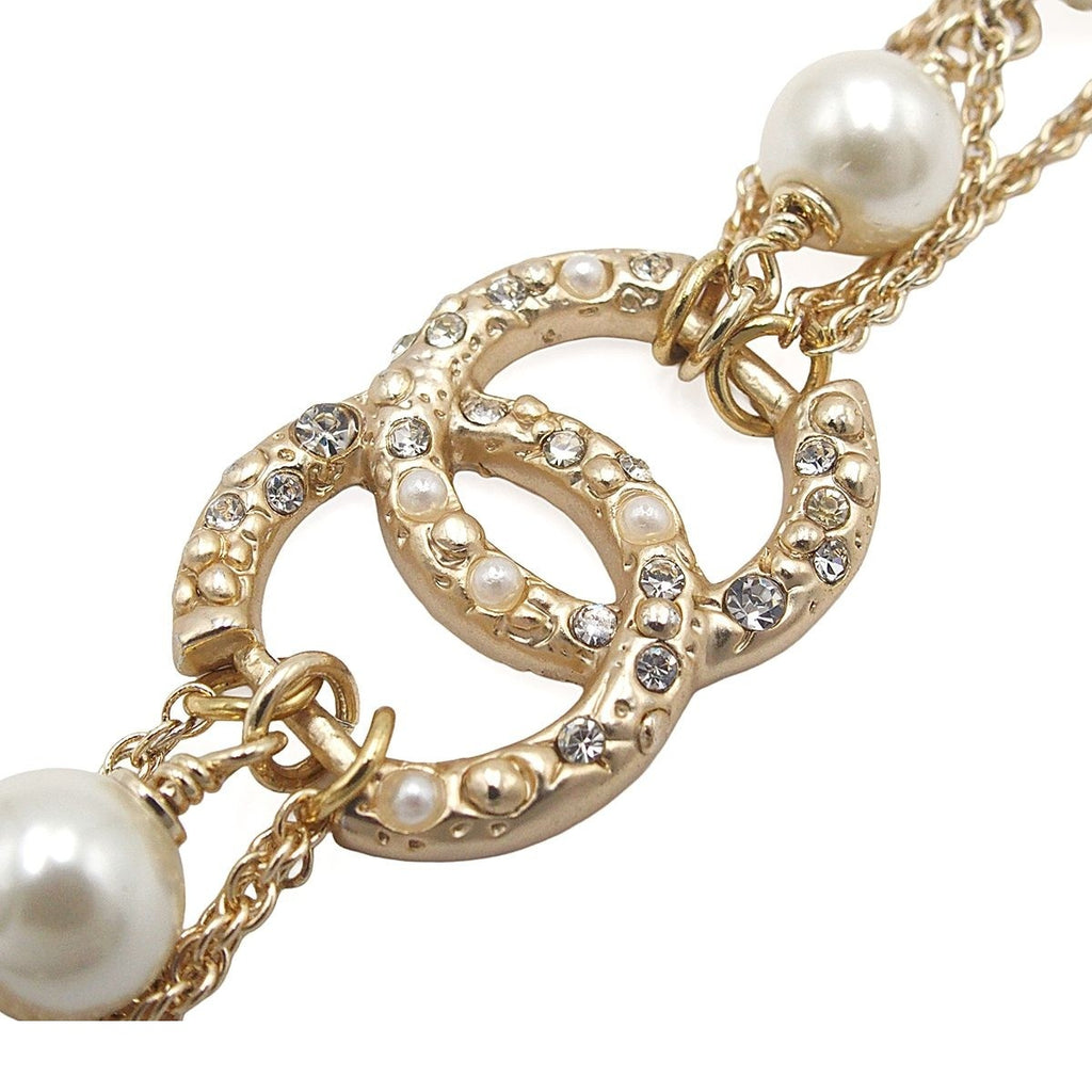 Chanel Bracelet Gold Metal Costume Pearl Color Stone CC Logo Triple Strand Chain — view 4