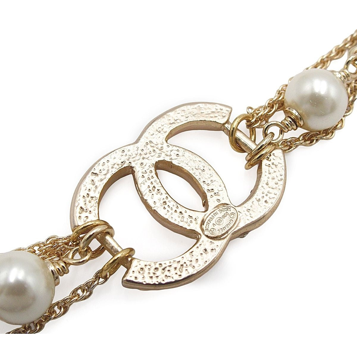 Chanel Bracelet Gold Metal Costume Pearl Color Stone CC Logo Triple Strand Chain — view 5