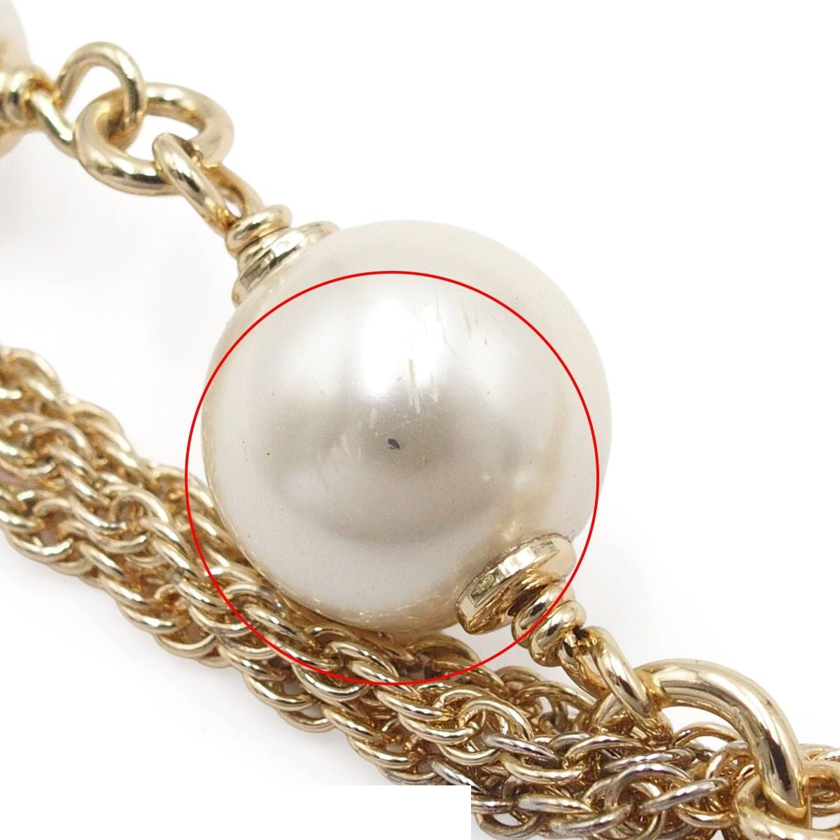 Chanel Bracelet Gold Metal Costume Pearl Color Stone CC Logo Triple Strand Chain — view 7