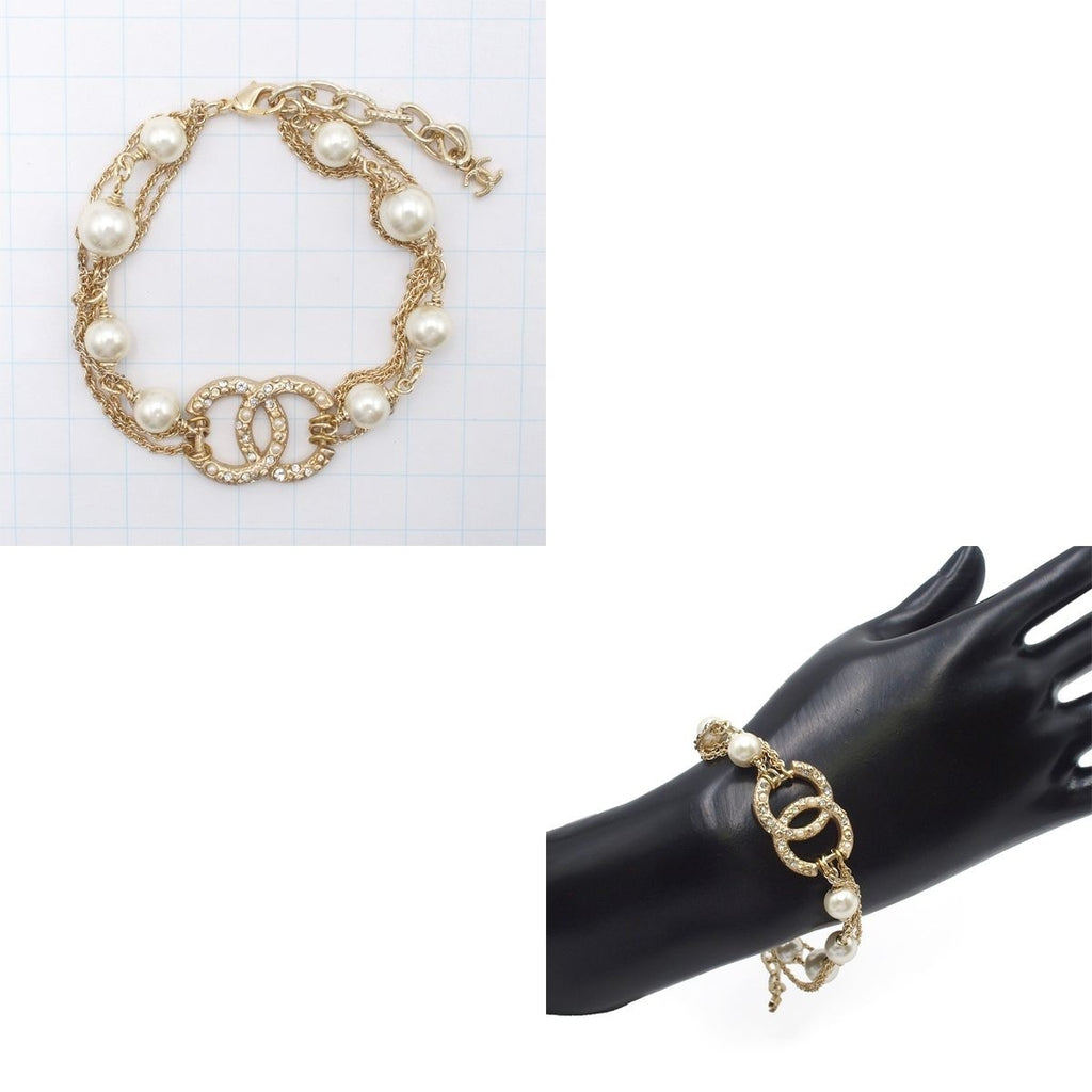 Chanel Bracelet Gold Metal Costume Pearl Color Stone CC Logo Triple Strand Chain — view 8