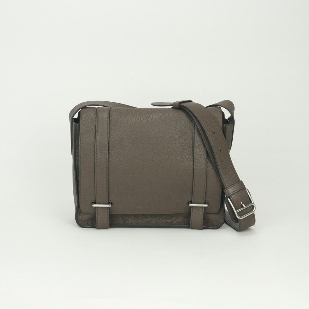 Hermes Steve Caporal 28 Shoulder Bag Taurillon Clemence Taupe Gray Silver