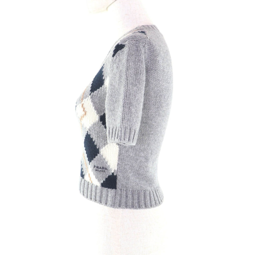 Prada Embroidered Logo Argyle Short Sleeve Knit Gray 36 Hat — view 2