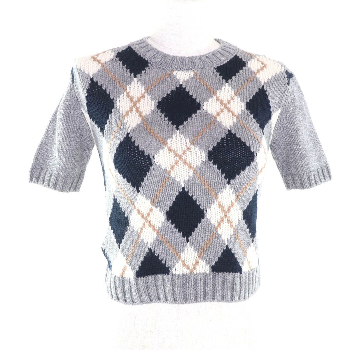 Prada Embroidered Logo Argyle Short Sleeve Knit Gray 36 Hat